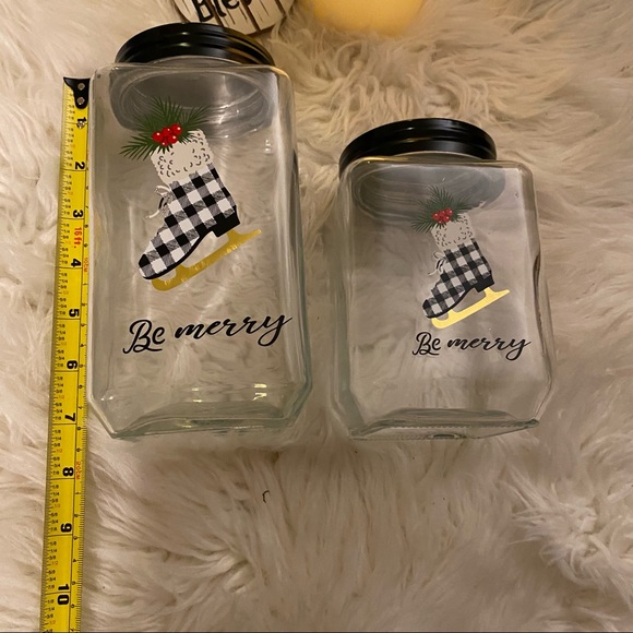 Christmas Black & White Buffalo Plaid Be Merry Ice Skate Set of (2) Canisters. - Picture 3 of 8